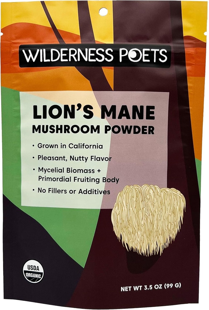Ποιητές άγριας φύσης, οργανικά λιοντάρια Mane Mushroom Powder - California Grown (3.5 ουγγιά)