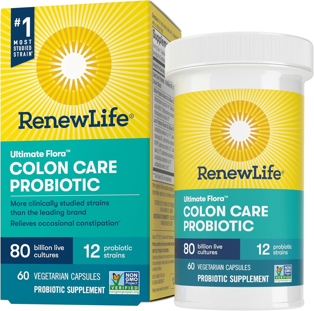 Renew Life Probiotic Colon Care Probiotic Capsules, Daily Supplement Offers Colon Support, L. Rhamnosus GG, Dairy, Soy and glute-free, 80 Billion CFU, 60 Count