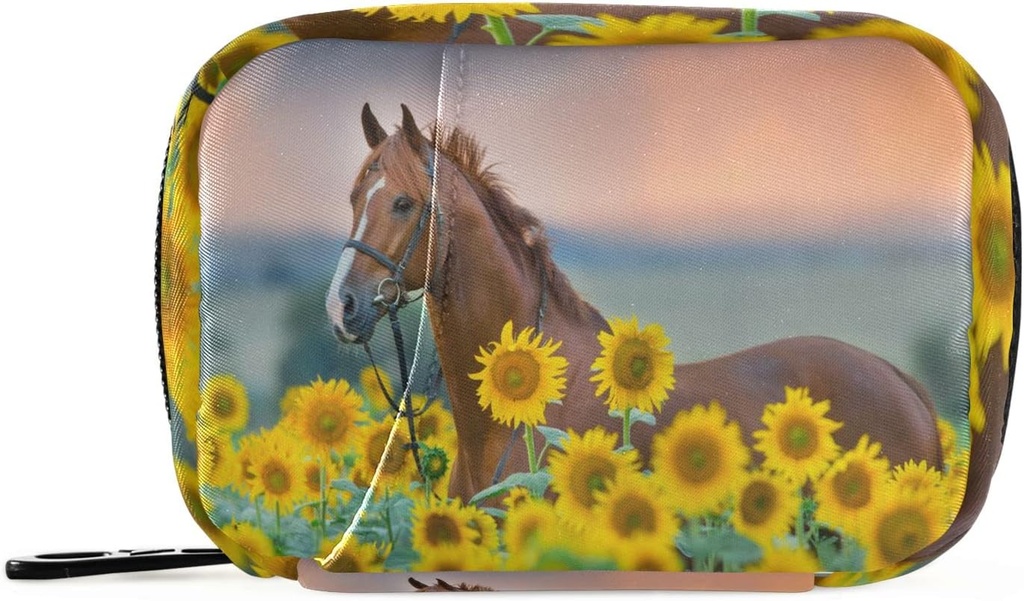 Sunflowers Field Horse Pill Organizer Case Floral Animals 7 Day Travel Pill Box with Zipper Portable Weekly Vitamin Medicine Supplement Holder Pouch Bag