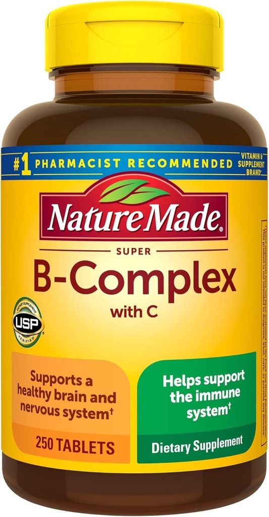 Nature Made Super B Complex με βιταμίνη C και φολικό οξύ, συμπλήρωμα διατροφής για την υποστήριξη του ανοσοποιητικού, 250 δισκία, 250 ημέρες προσφοράς