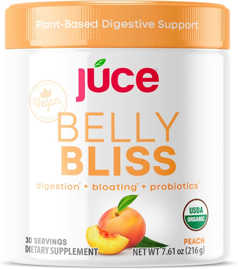 Júce Bely Bliss, Peachy Greens, 30 μερίδες, Προβιοτικά + Πράσινα, Αναπτυσσόμενα Υποστήριξη με Φυτικά Πεπτικά Ένζυμα, Συμπλήρωμα διατροφής σε σκόνη - By Terra Kai Organics