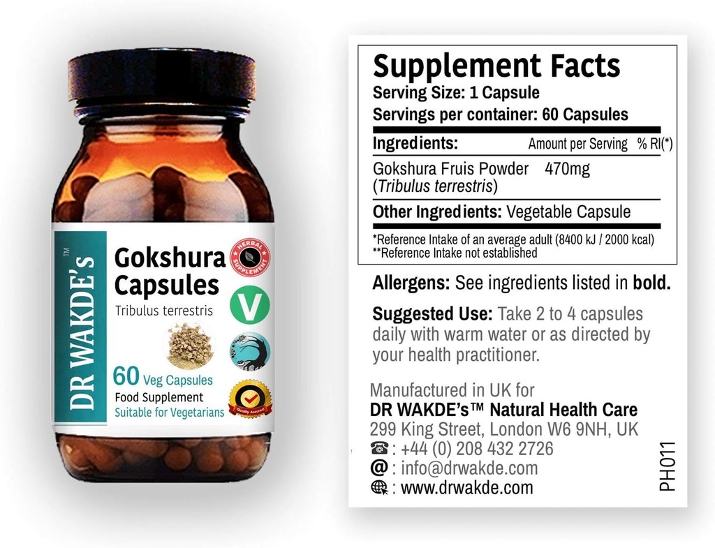 DR WAKDE'S Gokshura Κάψουλες (Tribulus terrestris) - 60 Veg Caps 100% καθαρό, όλα-φυσικά συμπλήρωμα 