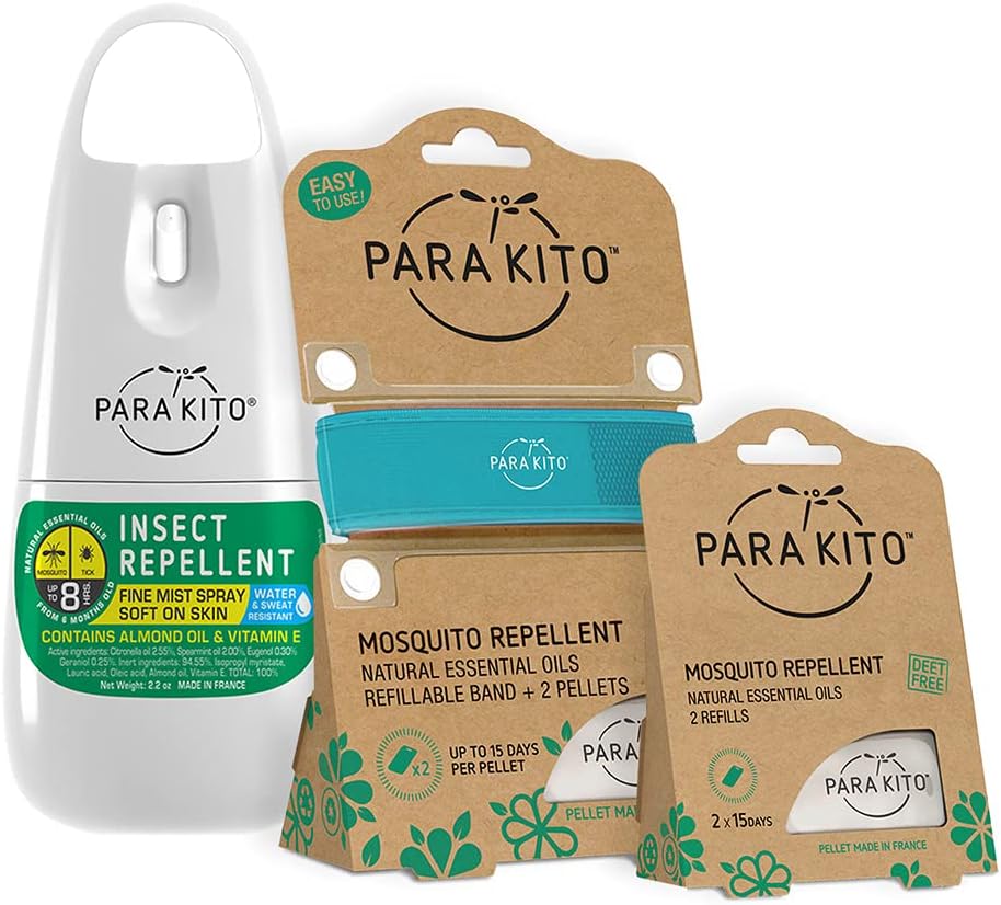 PARAKITO Mosquito, Insect & Bug Spray Bundle - Περιλαμβάνει Spray, Turquoise Wristband & 4 Refills 