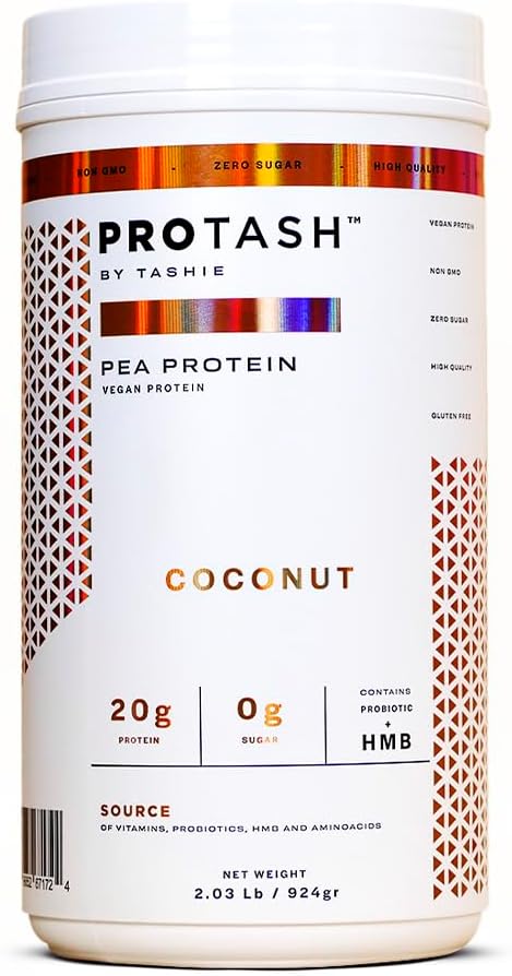 Vegan Protein Powder by TASHIE - Organic Plant Based Protein Powder with BCAA, HMB & Probiotics, Zero Sugar, Non-GMO, Gluten Free, NSF Certified, 28 Servings - Coconut Protein Powder