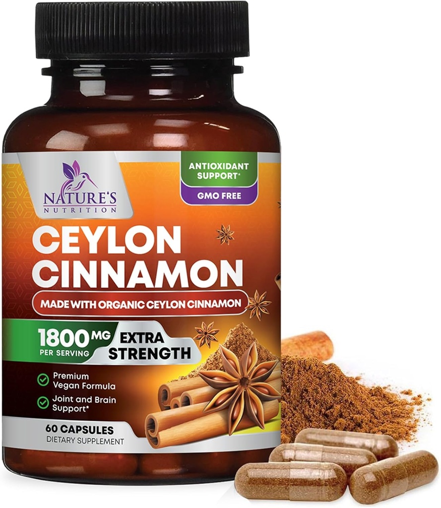 Βιολογική Ceylon Cinnamon Συμπλήρωμα 1800mg - Πιστοποιημένα Βιολογικά χάπια σκόνης Ceylon Cinnamon - Ενέργεια & Καρδιά Υποστήριξη για γυναίκες & άνδρες, Εμφιαλωμένο στις ΗΠΑ, Αντιοξειδωτικό, Χωρίς γλουτένη, Μη ΓΤΟ - 60 κάψουλες