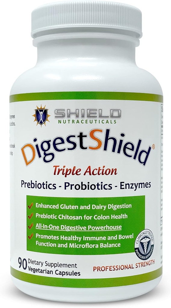 DigestShield® Probiotic & Prebiotic Supplement + Digestive Enzymes, Beat The Bloat, Safely Digest Dairy, Gluten and Processed Foods, Reduce Fat Abvorvation with Chitosan, 90-Meal Supply