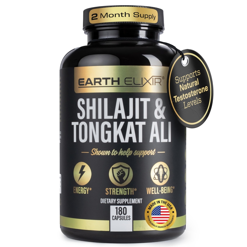 Earth Elixir Shilajit 1000mg & Tongkat Ali 400mg (180 κάψουλες) Made in USA-Shilajit Supplement (20% Fulvic Acid) Shilajit Pure Himalayan Organic & Tongkat Ali for Men More Poent Than Shilajit Resin