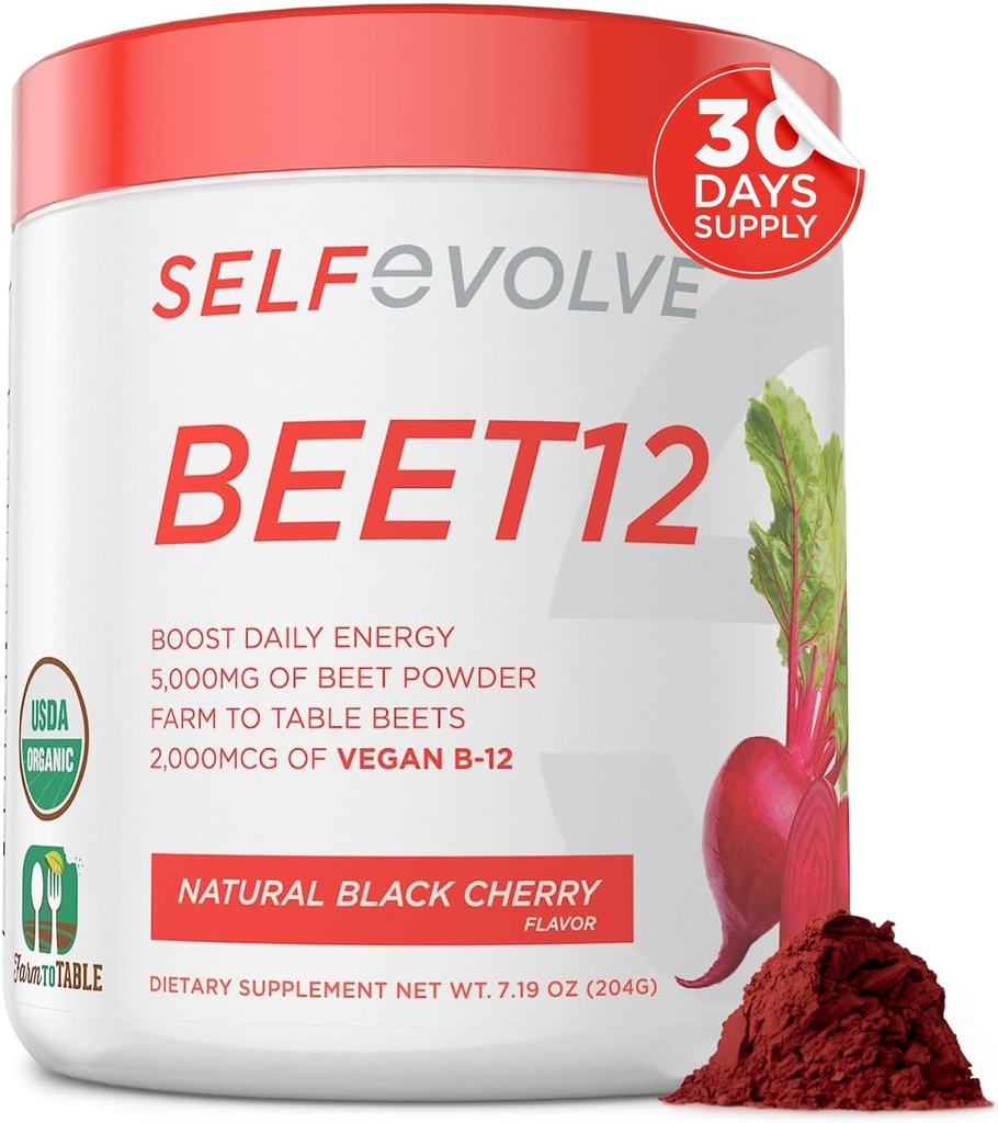 selfevolve Beet12 - Βιολογική σκόνη ρίζας τεύτλων Ενισχυμένη με βιταμίνη Β12, Nitric Oxide Booster, Beet Juice Powder Support Φυσική ενέργεια, Σκόνη τεύτλων με Μαύρο Κεράσι Γεύση, 30 Σερβιέτες