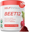 selfevolve Beet12 - Βιολογική σκόνη ρίζας τεύτλων Ενισχυμένη με βιταμίνη Β12, Nitric Oxide Booster, Beet Juice Powder Support Φυσική ενέργεια, Σκόνη τεύτλων με Μαύρο Κεράσι Γεύση, 30 Σερβιέτες