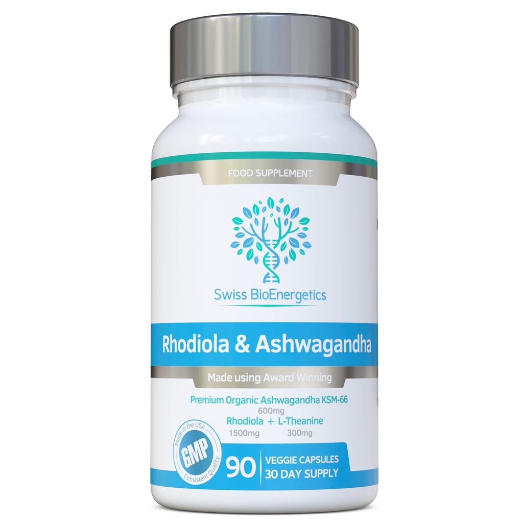 Rhodiola & Ashwagandha με L-Θεανίνη - Βραβείο Κερδίζοντας Ashwagandha KSM-66 600mg & 1500mg Rhodiola (3% Rosavins - 1% Salidrosides) ρίζα ολική ισοδύναμη - προσαρμογόνο combo- Χωρίς τεχνητά πληρώματα