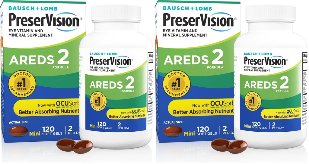 PreserVision AREDS 2 Eye Vitamins, #1 Eye Doctor Recommended Brand, Lutein and Zeaxanthin Supplement with Vitamin C, Vitamin E, Zinc, and Copper, Softgels (Minigels), 120 Count (Pack of 2)