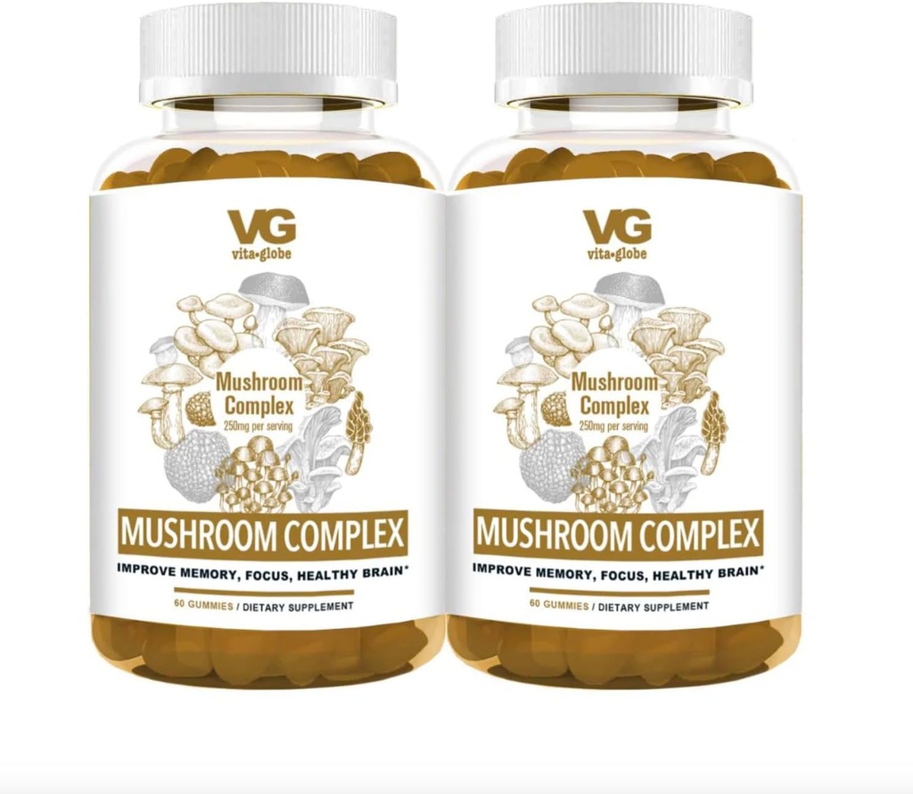 VITA GLOBE Mushroom Complex Gummies – 250mg with Reishi, Lion’s Mane, Chaga, Cordyceps & More | Daily Supplement for Immune Defense, Energy & Brain Function Support – 120 Count (Pack of 2)
