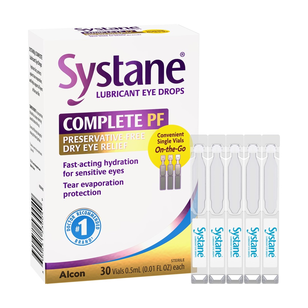 Systane Complete Preservative Free Dry Eye Drops, 30 Ct Single Use Vials, Contains Propylene Glycol 0.6%, Unit-Dose Lubricating Eye Drops for Irritation & Dryness, Hydrating & Soothing