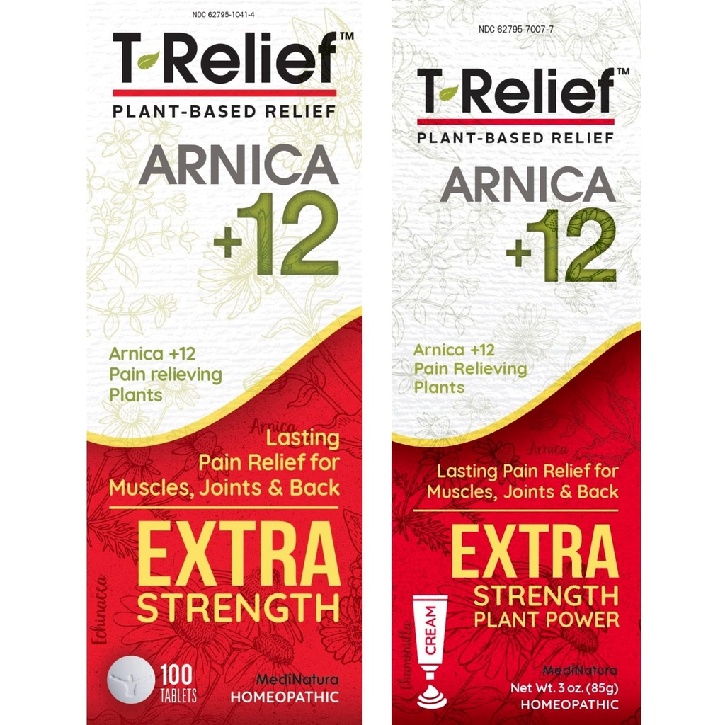 MediNatura T-Relif Extra Strength Pain Relief Arnica +12 Plant-based Pain Relief 100ct Tablets T- Relief Extra Strength Pain Relief 3oz Cream Bundle