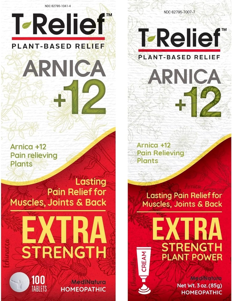 MediNatura T-Relif Extra Strength Pain Relief Arnica +12 Plant-based Pain Relief 100ct Tablets T- Relief Extra Strength Pain Relief 3oz Cream Bundle
