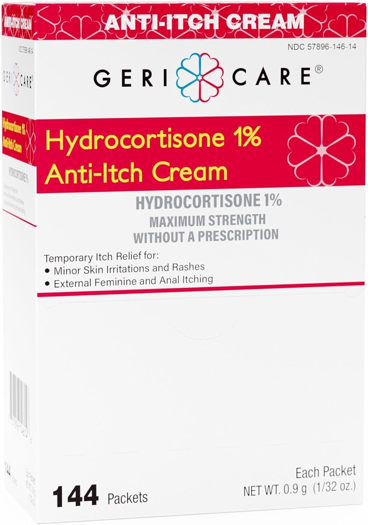 Gericare Hydrocortisone 1% Anti-Itch Cream, Μέγιστη δύναμη, 144 Count Pack, 0.5oz Κάθε πακέτο (πακέτο του 1)