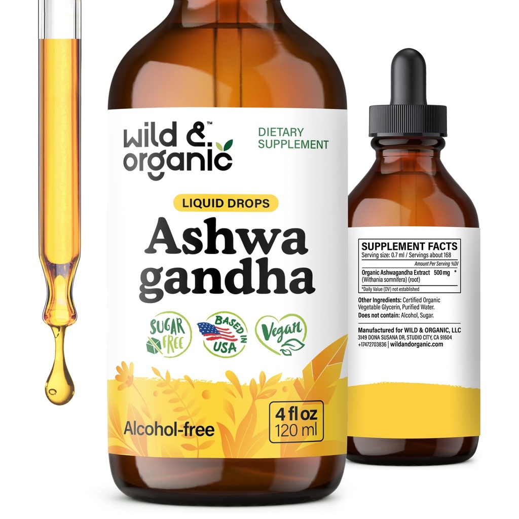 Wild & Organic Ashwagandha Drops - Συμπλήρωμα στήριξης Mood w/Ashwagandha Root Extract - Υγρές σταγόνες για ήρεμο μυαλό - Συμπληρώματα χαλάρωσης - Ζάχαρη & Αλκοόλ-Δωρεάν - 4 fl oz
