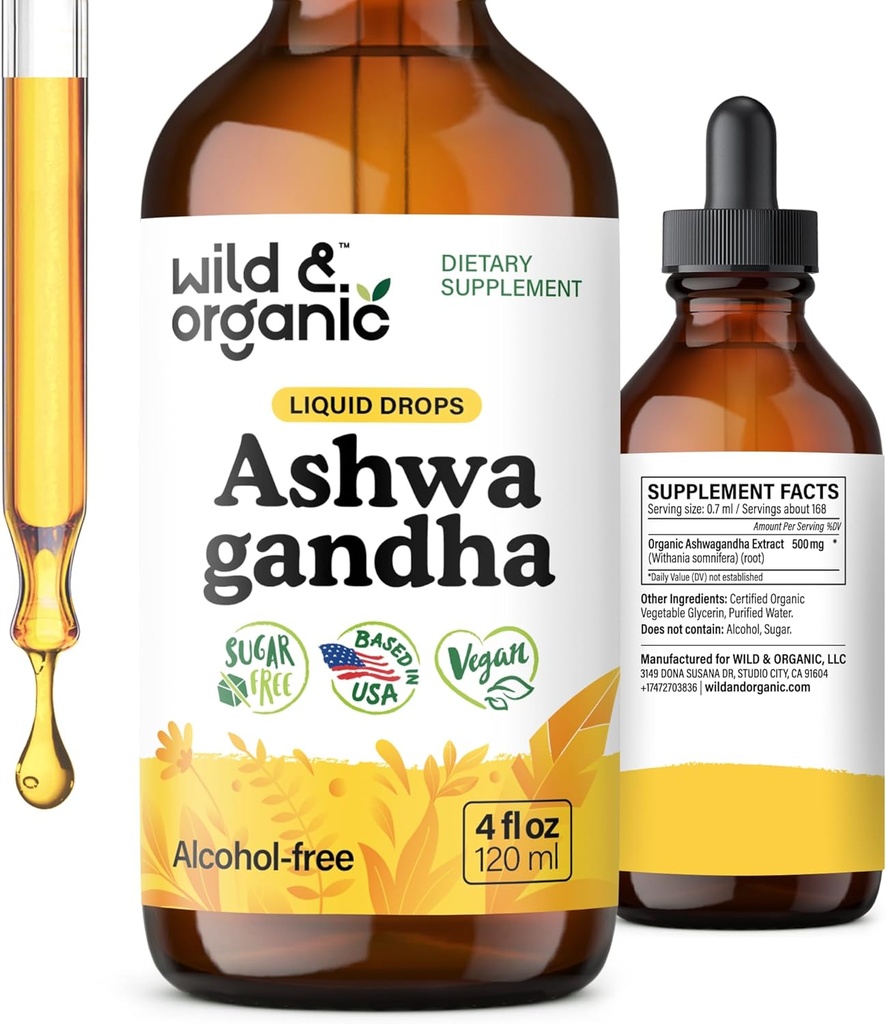 Wild & Organic Ashwagandha Drops - Mood Support Supplement w/Ashwagandha Root Extract - Liquid Drops for Calm Mind - Relaxation Supplements - Sugar & Alcohol-Free - 4 fl oz
