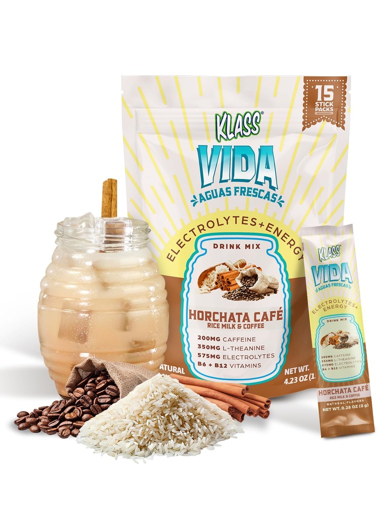 KLASS VIDA Energy + Hydration Coffee Horchata Agua Fresca Electrolyte Powder Packets | Sugar Free Electrolyte Drink Mix | Hydration Packets with Caffeine, L-Theanine & Coconut Water | 15 Stick Packs