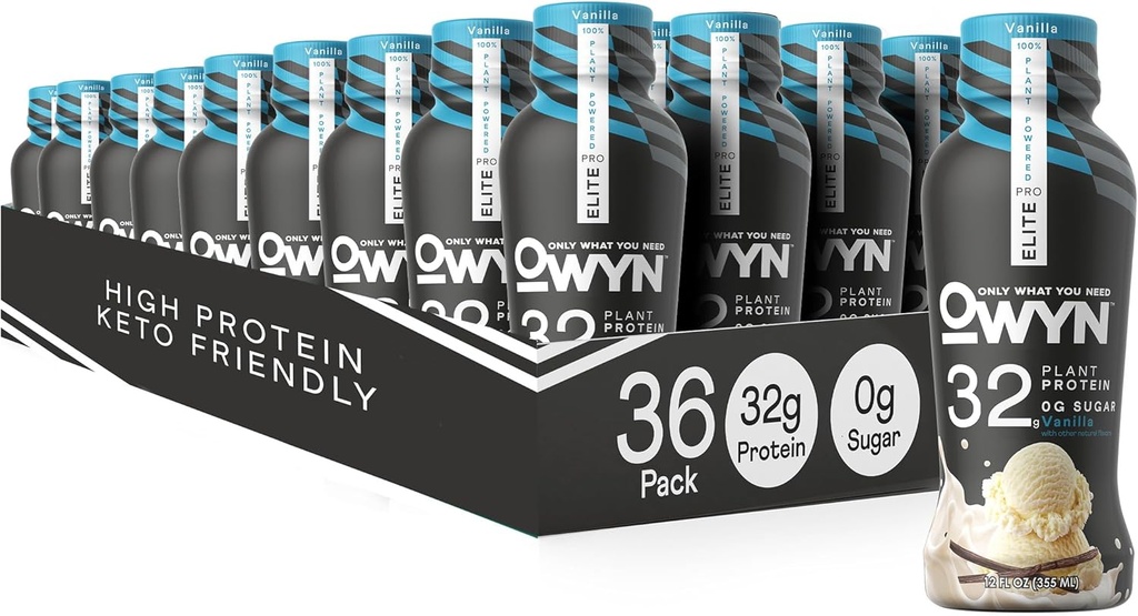 OWYN μόνο ό, τι χρειάζεστε υπέρ Elite Vegan υψηλής πρωτεΐνης Keto Shake, 32g πρωτεΐνη, 9 Αμινοξέα, Ωμέγα-3, Πρεβιοτικά, προπόνηση και ανάκτηση, 0g καθαρό υδατάνθρακες, Zero ζάχαρη (Vanilla, 12 Fl Oz (πακέτο των 36)