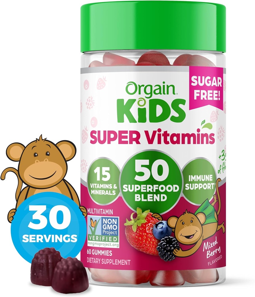 Orgain Παιδική Ζάχαρη Δωρεάν Πολυβιταμίνες Gummies, Vegan & Plant Based, 50 Superfoods, 15 Βιταμίνες και Ορυκτά, Ανοσολογική Υποστήριξη και 3g Ίνες, Μικτό μούρο, Ηλικίες 4+, 1 Μήνας Προμήθεια (60 Gummies)