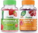 Ζωηρό φύλλο Moringa + σκόρδο 1000mg, Gummies Bundle - Μεγάλη γεύση, συμπλήρωμα βιταμίνης, χωρίς γλουτένη, GMO δωρεάν, μασώμενη κοιλιά