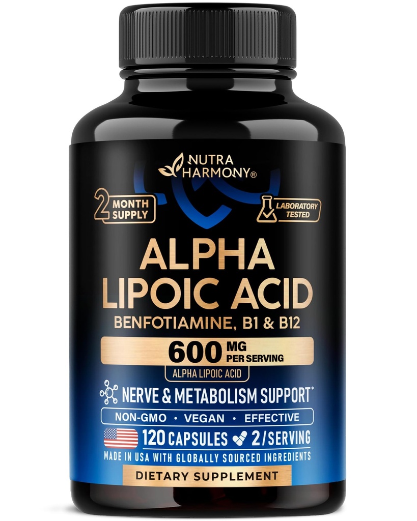 Alpha Lipoic Acid 600mg - ALA Supplement Antioxidant for Nerve, Energy & Metabolism Support - Extra Strength with Benfotiamine, B1 & B12 - Lab Tested, NON-GMO & Vegan - 120 Capsules, 2 Month Supply