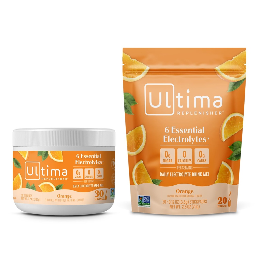 Ultima Replenisher Electrolyte Powder Drink Mix Bundle – Sugar Free – Orange, 30 Serving Canister and 20 Stickpacks – 6 Electrolytes and Minerals – Keto Friendly, Vegan, Non-GMO