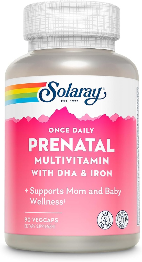 SOLARAY Once Daily Prenatal Multivitamin with DHA & Iron, Prenatal Vitamins and Minerals for Expectant Mothers, Easy Morning Herbal Blend & Whole Food Base, Lab Verified, 90 Servings, 90 VegCaps
