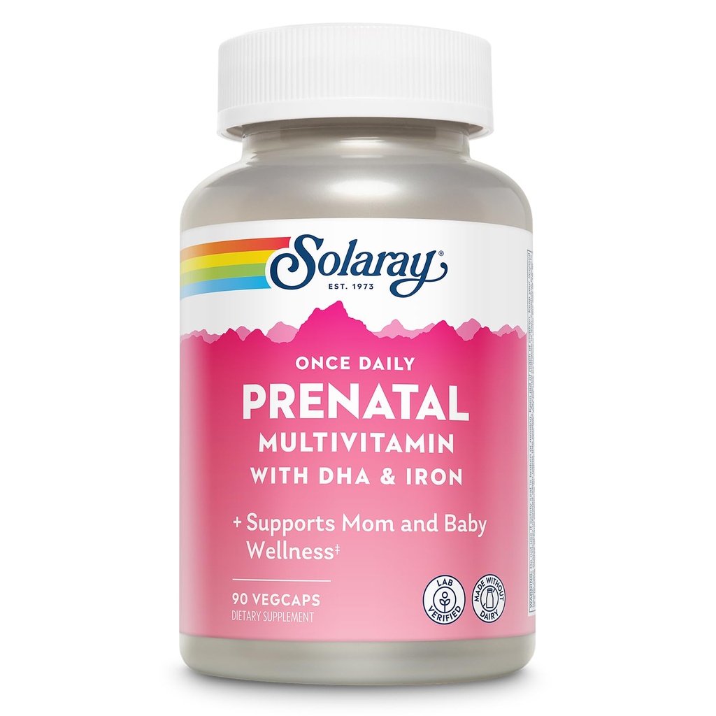 SOLARAY Once Daily Prenatal Multivitamin with DHA & Iron, Prenatal Vitamins and Minerals for Required Mothers, Easy Morning Herbal Blend & Whole Food Base, Lab Επαληθευμένο, 90 Σερβιέτες, 90 VegCaps