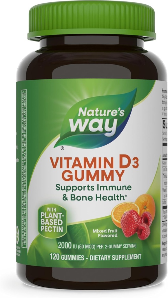 Nature's Way Vitamin D3 Gummies, Supports Immune and Bone Health*, 2000 IU (50 mcg) per 2-gummy Serving, Vitamin D3 2000IU per 2 Gummies, Mixed Fruit Flavored, 120 Count