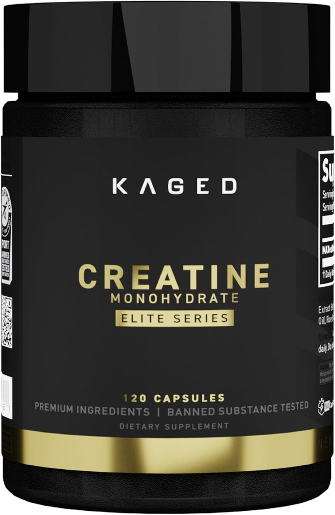 Kaged CREATINE MONOHYDRATE Elite Κάψουλες Άγευστη αποκατάσταση μυών και συμπλήρωμα ανάπτυξης για άνδρες & γυναίκες, Vegan, Εύκολα Diesestible, Χωρίς γλουτένη, Δεν προστίθεται ζάχαρη