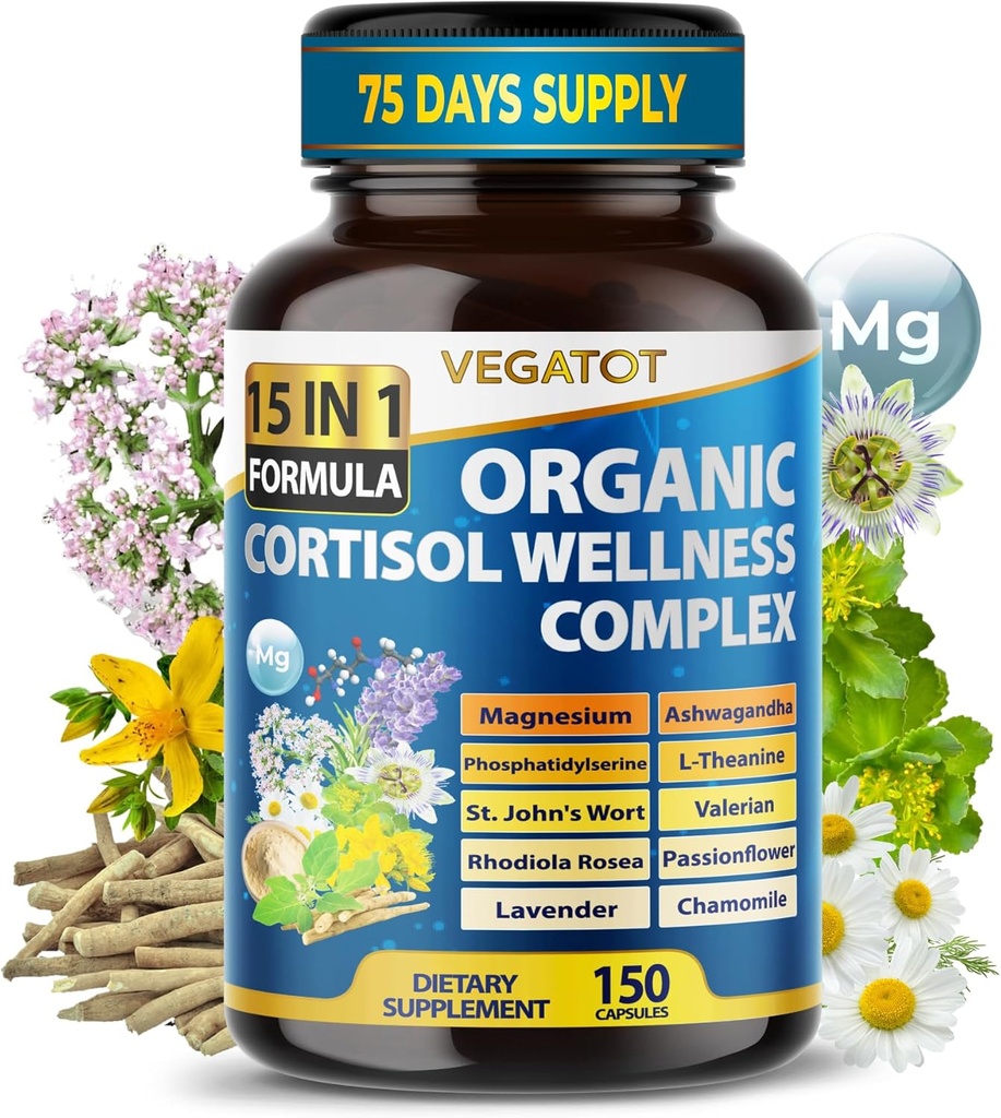 VEGATOT Organic Cortisol Wellness Complex 15-in-1 Formula with Magnesium Ashwagandha St. John's Wort Valerian Rhodiola Rosea Passionflower Chamomile
