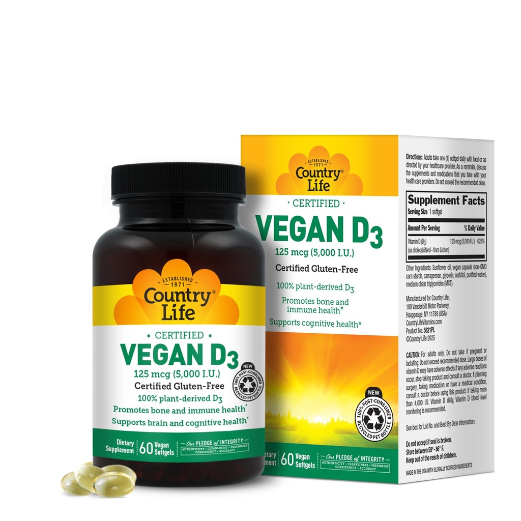 Χώρα Ζωή Vegan D3 5000 IU – Φυτική βιταμίνη D3 από τη λειχήνα – Υψηλής ισχύος ανοσοποίηση & υποστήριξη των οστών – Πιστοποιημένος Vegan, χωρίς γλουτένη, μη ΓΤΟ – 60 Softgels