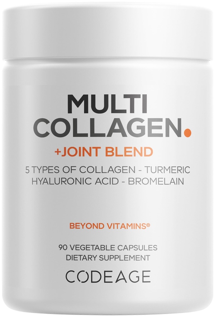 Codeage Multi Collagen Protein + Joint Blend Supplement, Υαλουρονικό οξύ, Bromelain, Turmeric, Ginger, Boswellia, Astaxanthin - Hydrolyzed Bovine Collagen - 5 Collagen Τύποι - Μη ΓΤΟ - 90 Κάψουλες