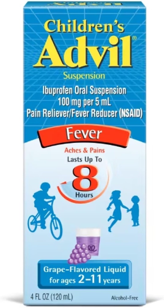 Παιδική Διαβολική Αναστολή Ibuprofen 100mg Fast Pain Reliever and Fever Reducer Last up to 8 Hours Grape Flavor Liquid for Ages 2 to 11 Years - 3 Pack of 4 FL Oz Bottles