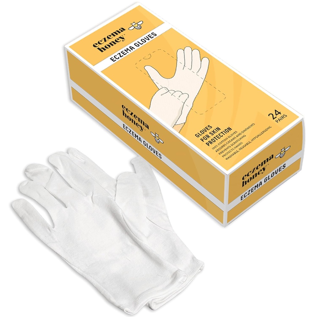 ECZEMA HONEY Premium 100% Βαμβάκι Γάντια - Πλύσιμο & Επαναχρησιμοποιήσιμο Ολονύχτια Θεραπεία Ξηρών Χεριών - Λευκά Γάντια Βαμβακιών για Eczema (24 Ζευγάρια)