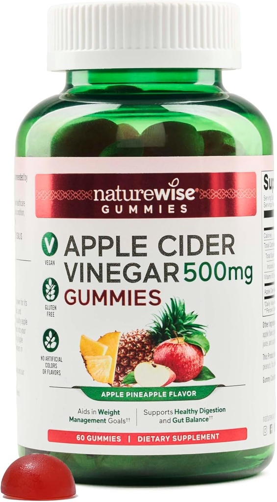 NatureWise Apple Cider Vinegar Gummies - 1000mg ACV ανά 2 + Βιταμίνη Β12 - Πηκτίνη με βάση Vegan, Gluten-free, Non-GMO - 60 Count[30-Day Supply for 1000mg or 2-Month Supply for 500mg]