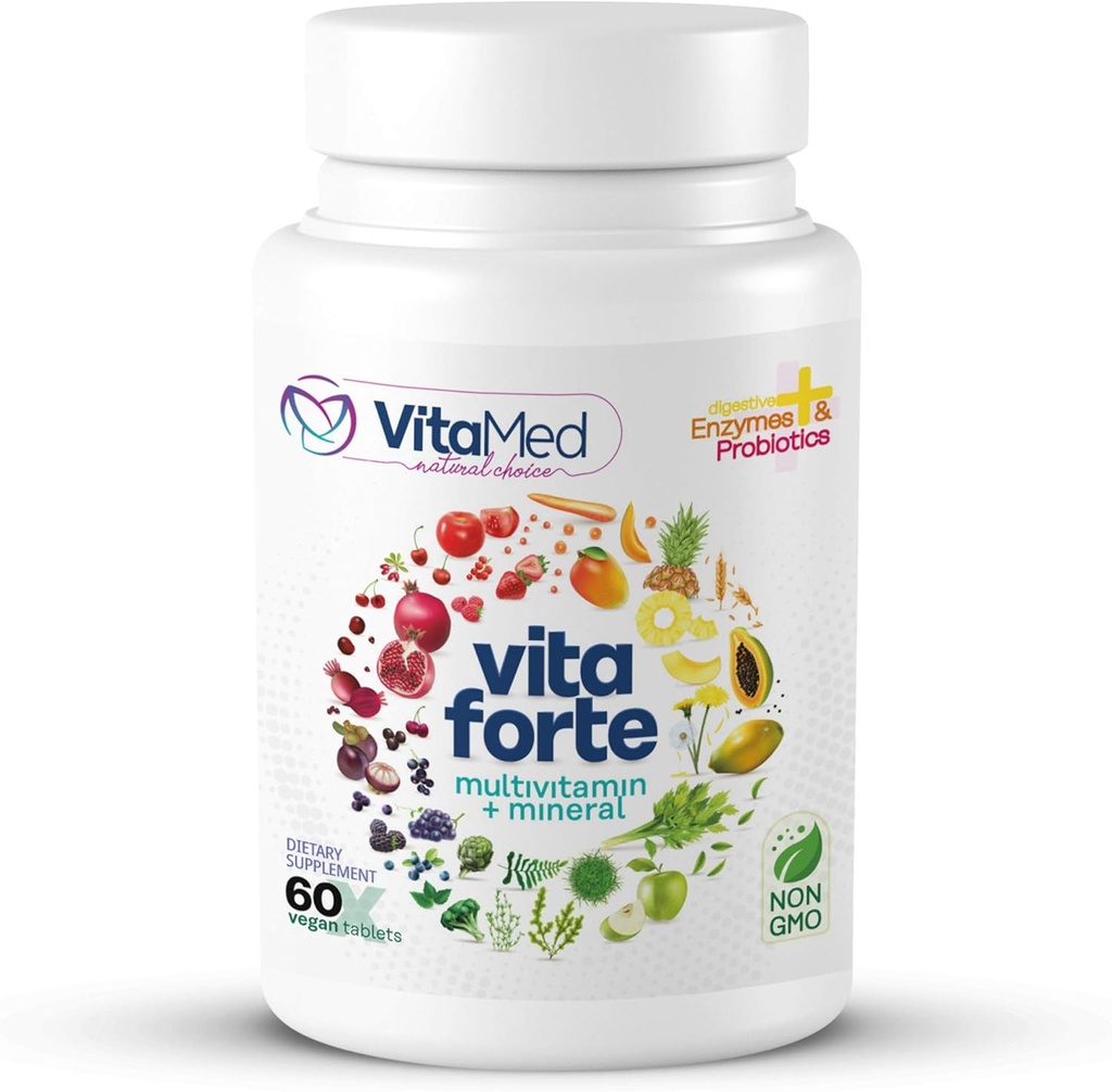 Vita Forte Vegan Multivitamin with Probiotics, Digestive Enzymes & 42 Fruits & Vegetables – Halal Certified, Non-GMO, Gluten-Free, Daily Energy & Immune Support – 60 Vegan Tablets