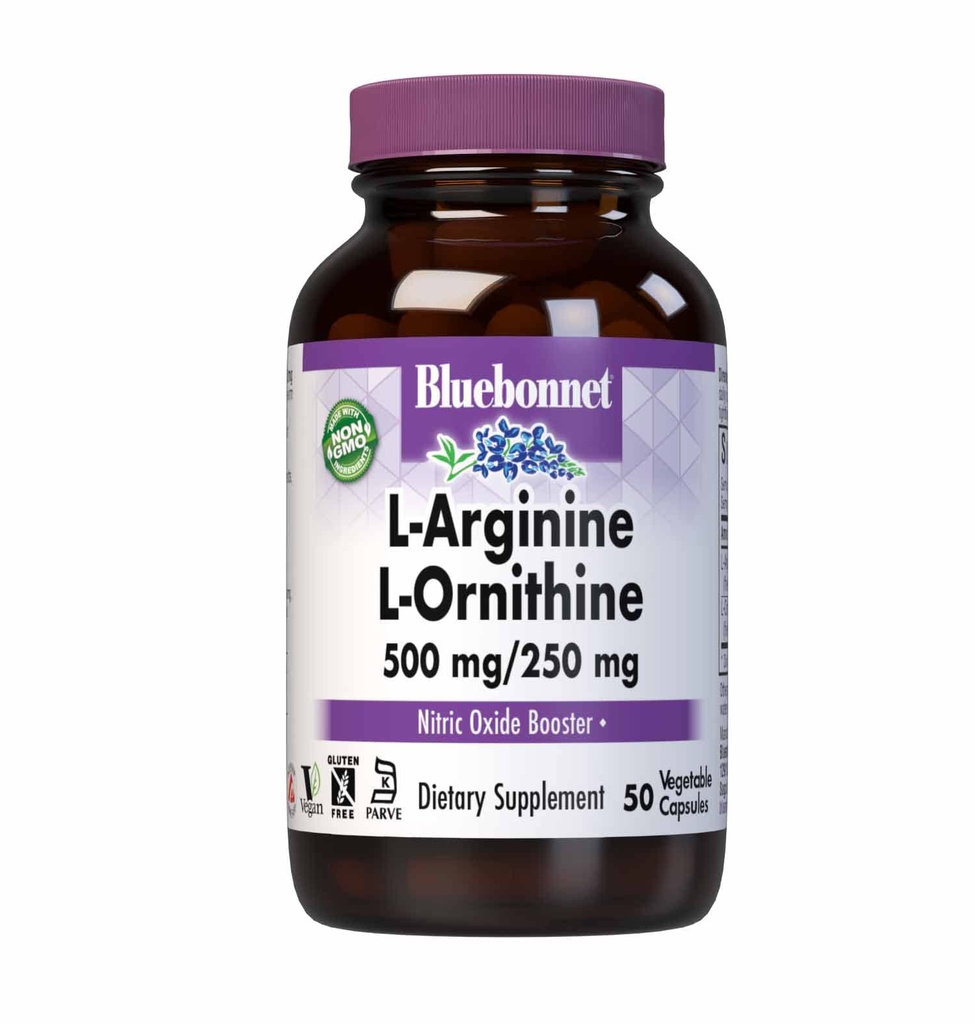 Bluebonnet Διατροφή L-αργινίνη 500mg/L-Ορινιθίνη 250mg, Υποστηρίζει τον μεταβολισμό πρωτεϊνών *, χωρίς σόγια, χωρίς γλουτένη, μη GMO, Kosher Πιστοποιημένο, Vegan, 50 κάψουλες λαχανικών, 50 εξυπηρετούν