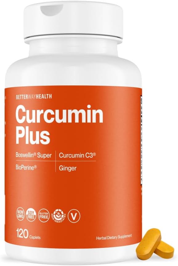 Better Way Health™ Curcumin Plus – Turmeric Curcumin C3® Complex with Boswellin®, BioPerine®, and Ginger – Joint Support & Inflammation Relief Supplement – 120 Caplets