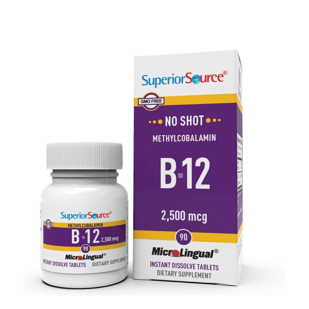 Superior Source No Shot Vitamin B12 Methylcobalamin 2.500 mcg, Quick Dissolve MicroLingual Tablets, 90 Count, Active Form of B12, Υποστηρίζει την παραγωγή ενέργειας, υποστήριξη νευρικού συστήματος, μη GMO