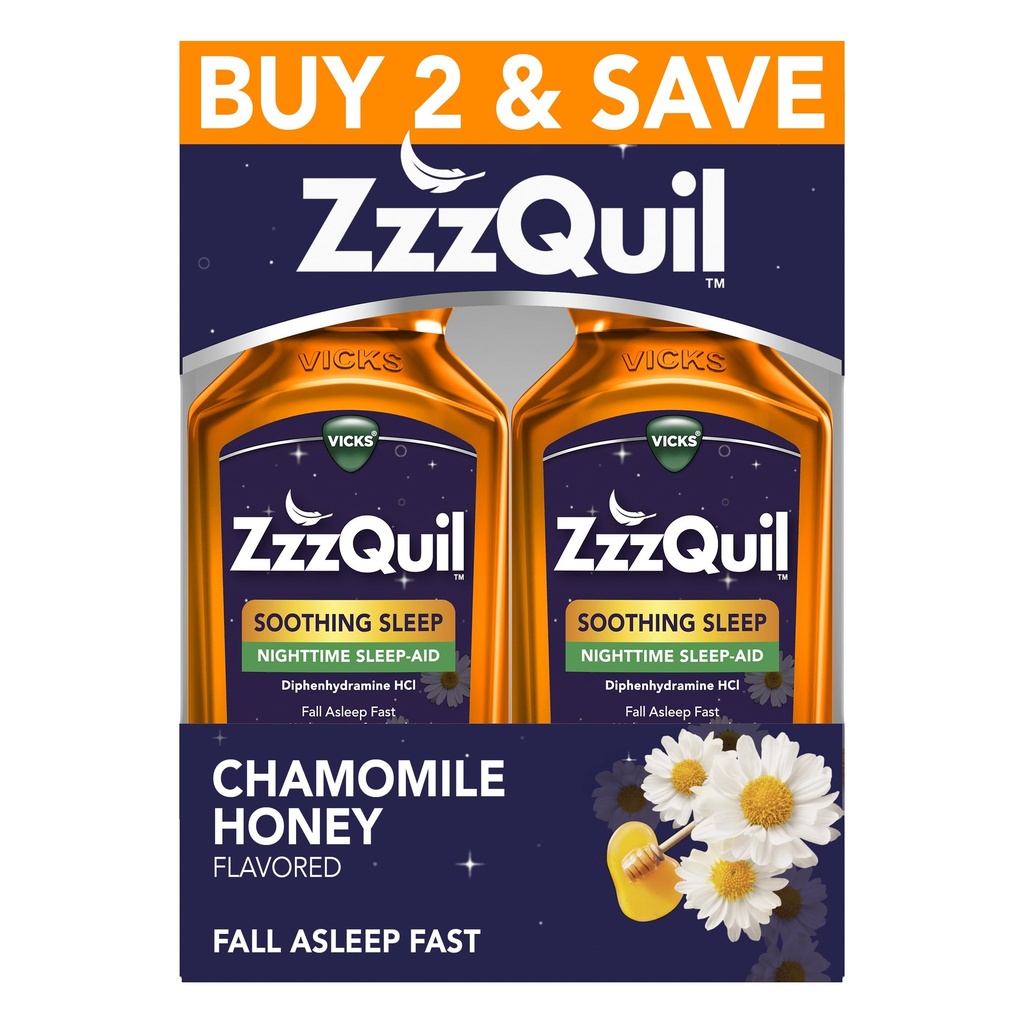 ZzzQuil Liquid Sleep Aid, Καταπραϋντικό Ύπνο, Διφαινυδραμίνη 50mg HCl, Χαμομήλι Μέλι Γεύση, Νυχτερινή Βοήθεια Ύπνου Υγρό, Βοηθήματα Ύπνου για Ενήλικες, 2 Pack, 24 FL OZ