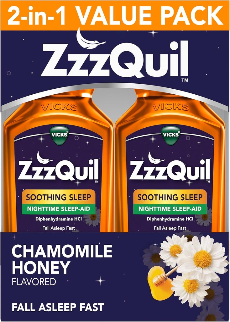 ZzzQuil Liquid Sleep Aid, Καταπραϋντικό Ύπνο, Διφαινυδραμίνη 50mg HCl, Χαμομήλι Μέλι Γεύση, Νυχτερινή Βοήθεια Ύπνου Υγρό, Βοηθήματα Ύπνου για Ενήλικες, 2 Pack, 24 FL OZ