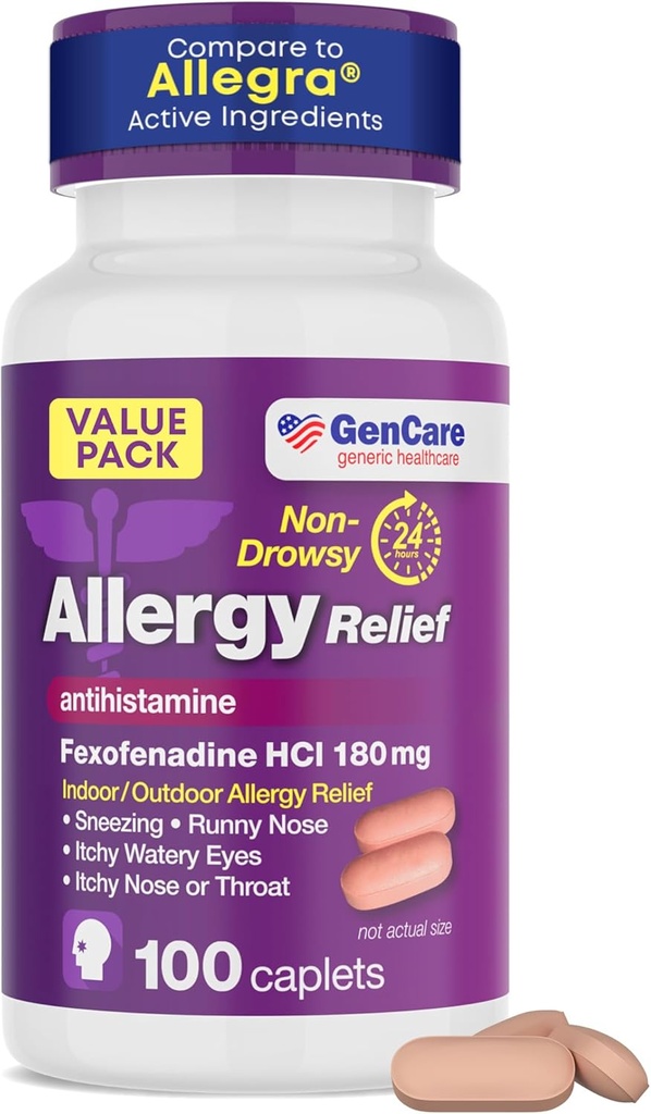 GenCare Alergy Relief Pills - Fexofenadine 180mg 24 ώρες Αλλεργική Αλλεργία Αντιισταμινική, Σύγκριση με Allegra 24 ώρες Μη Νυσταγμένα Χάπια για Ίτσι Μάτια, Runny Μύτη, Κυψέλη (100 κόμης)