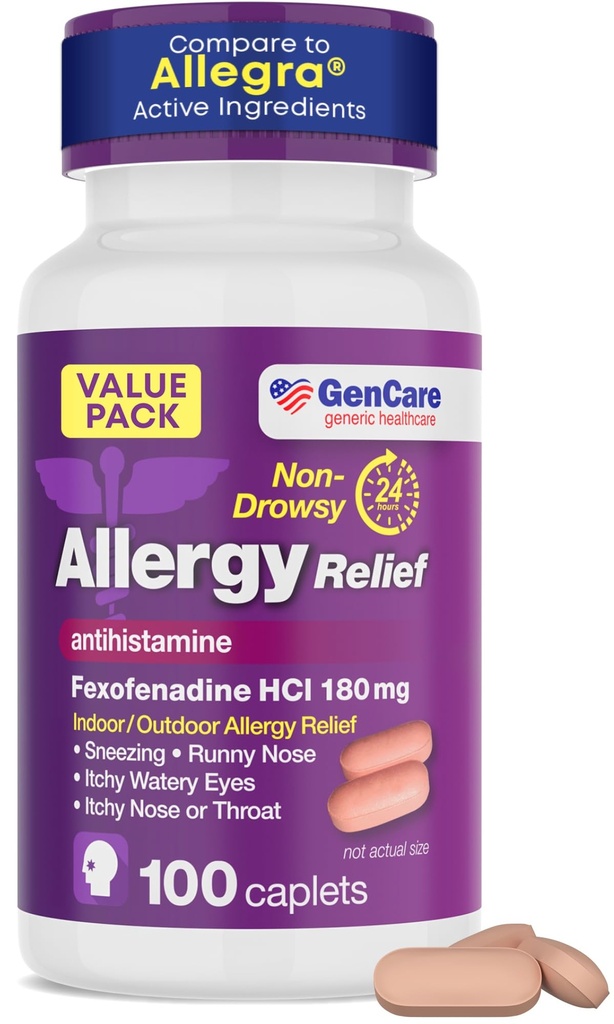 GenCare Alergy Relief Pills - Fexofenadine 180mg 24 ώρες Αλλεργική Αλλεργία Αντιισταμινική, Σύγκριση με Allegra 24 ώρες Μη Νυσταγμένα Χάπια για Ίτσι Μάτια, Runny Μύτη, Κυψέλη (100 κόμης)