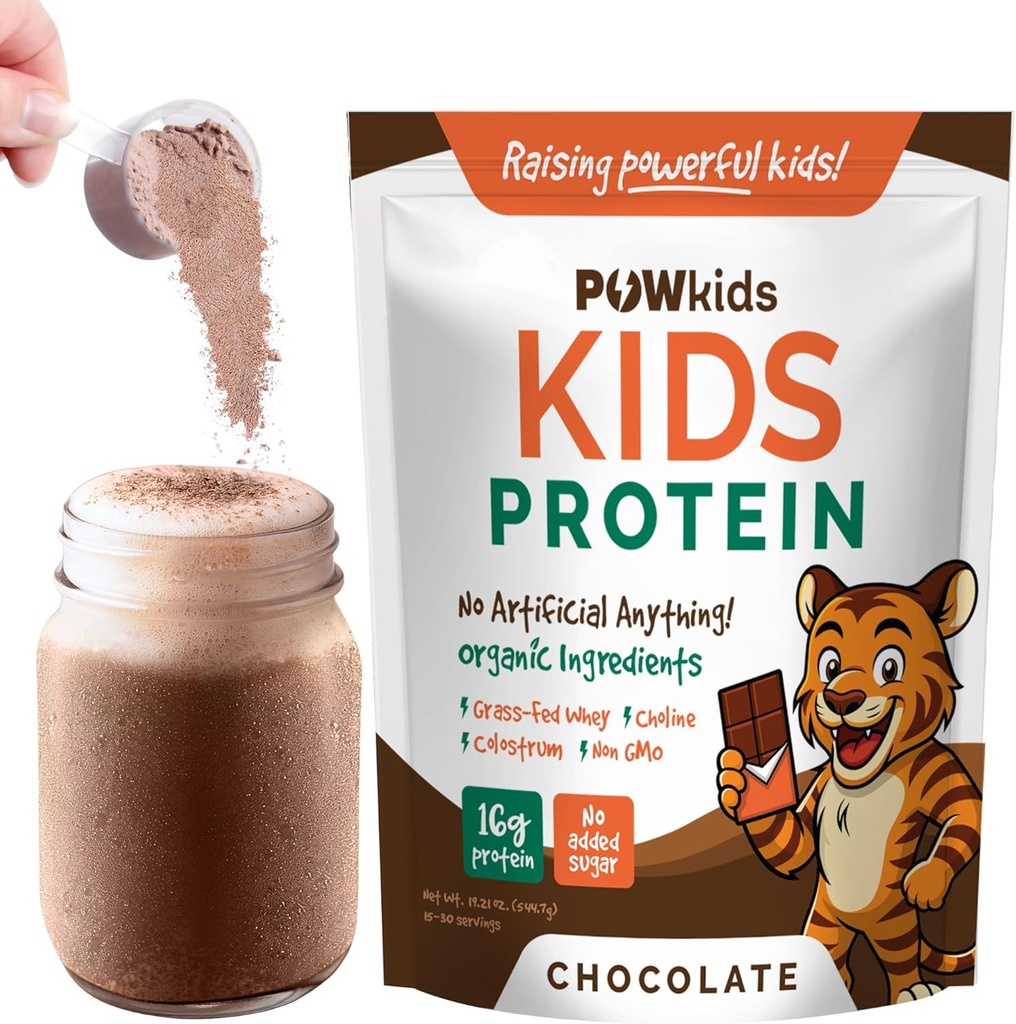 Kids Protein Shake Powder 16g – Zero Sugar, Organic Ingredients, Grass-Fed Whey Proteins – Calcium & Choline for Bone Strength & Brain Development, Protein Shake, 15-45 Servings – Chocolate