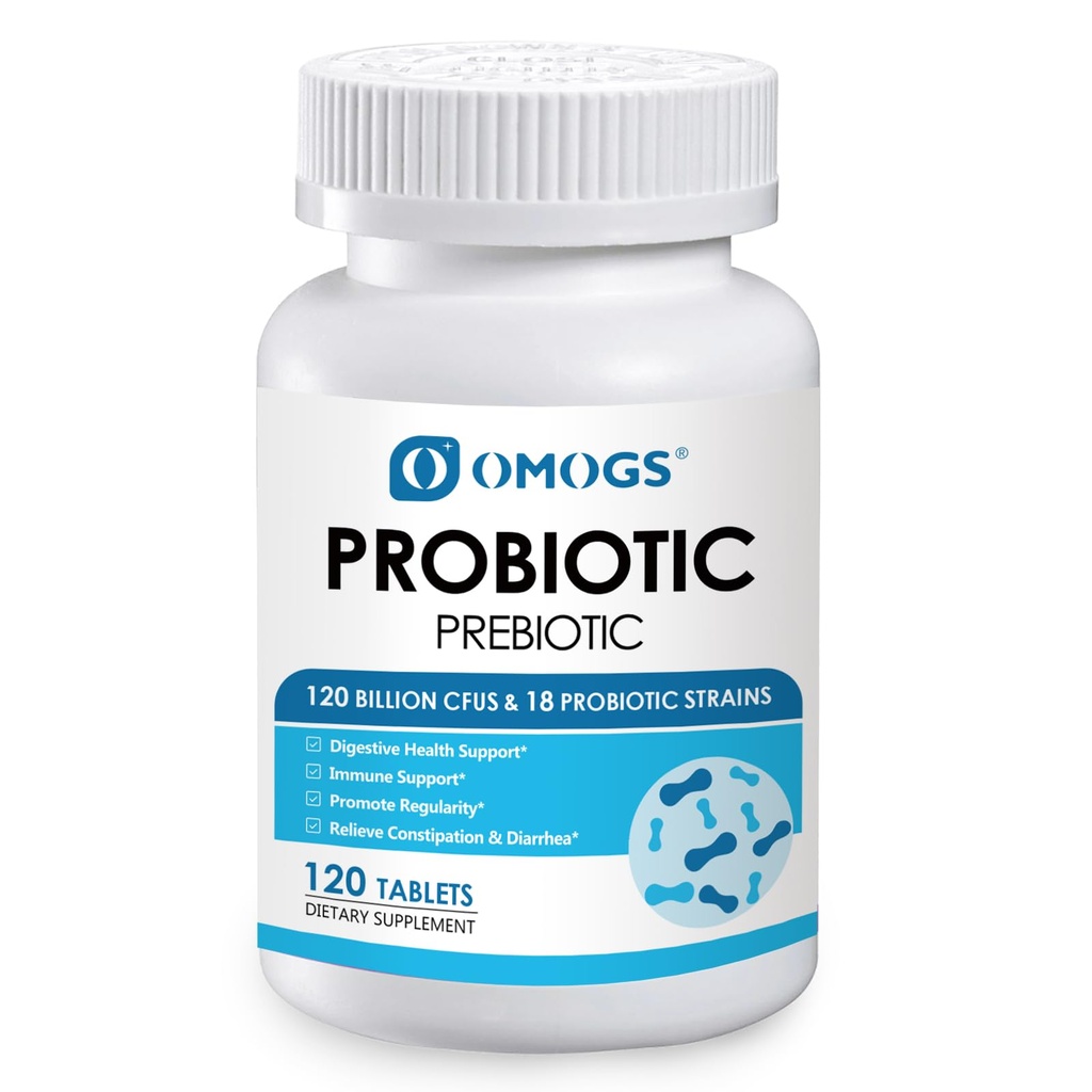 OMOGS Probiotics 120 Billion CFUs 18 Strains,with 3 Organic Prebiotics & Vitamin C,Nutritional Supplement for Women,Men & Kids,Support Metabolism,Immunity and Digestive Health,Non-GMO, 120 Tablets