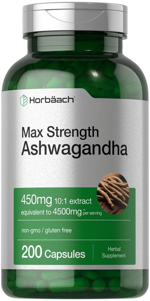 Horbäach Ashwagandha Supplement for Women and Men | 200 Capsules | Max Strength Herb Root Extract | with Black Pepper Extract | Non-GMO, Gluten Free