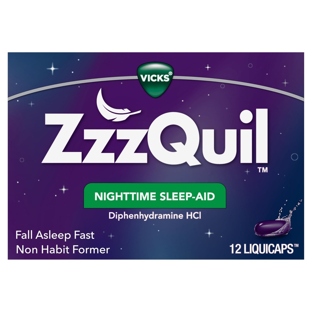 ZzzQuil, Nighttime Sleep Aid LiquiCaps, 25 mg Diphenhydramine HCl, No. 1 Sleep-Aid Brand, Non-Habit Forming, Fall Asleep Fast, 12 Count
